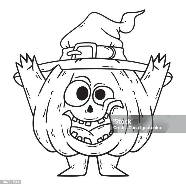 Vetor do Stock: Coloring page. Black and white vector illustration with  happy pumpkin in witch hat. Lettering `Happy Halloween`.