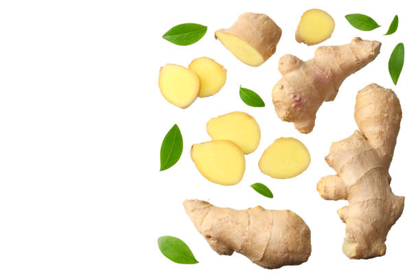 istock sliced ginger with leaves isolated on white background top view 1167942597