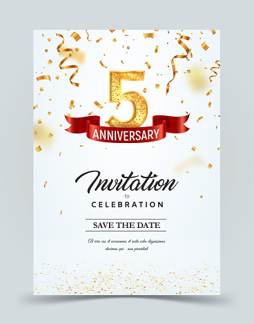 Invitation card template of 5 years anniversary with abstract text vector illustration Greeting card template Golden number five with red ribbon on falling down confetti background