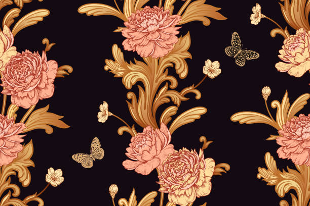 ilustrações de stock, clip art, desenhos animados e ícones de seamless pattern with peonies, butterflies and baroque decor elements. - baroque style wallpaper pink retro revival