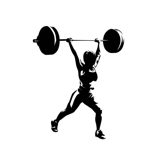 ilustrações, clipart, desenhos animados e ícones de weightlifting, mulher que levanta o barbell grande, silhueta isolada do vetor, desenho da tinta - barbell exercising sport gym