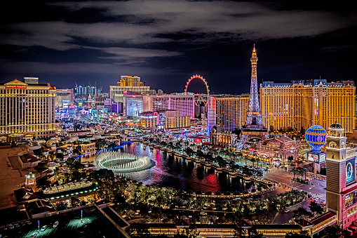 Las Vegas, USA - 2019 01 31Aerial view of Las Vegas strip at night in Nevada. The famous Las Vegas Strip with the Bellagio Fountain. The Strip is home to the largest hotels and casinos in the world.