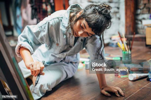 Woman Painting On The Floor At Home Stock Photo - Download Image Now - Artist, Women, Painting - Activity