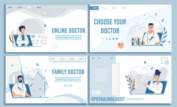 Online Medical Consultation Flat Landing Page Set Flat Landing Page Set Offering Choose Doctor Online for Consultation. Different Free Available Medical Specialist. Professional Telemedicine and Healthcare. Vector Cartoon Design Illustration eye doctor and patient stock illustrations