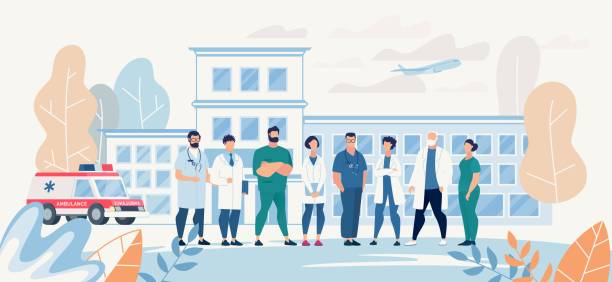 Professional Medical Team Staff in Clinic Yard Professional Medical Team Staff in Clinic Yard. Affable Specialist Group on Clinic Backdrop. Surgeons, Nurses, Therapists, Dentists and other Practitioners. Vector Flat Cartoon Illustration dentist backgrounds stock illustrations