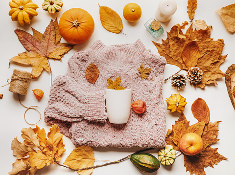 Autumn flat lay composition: sweater, cup, dry leaves and mini pumpkins