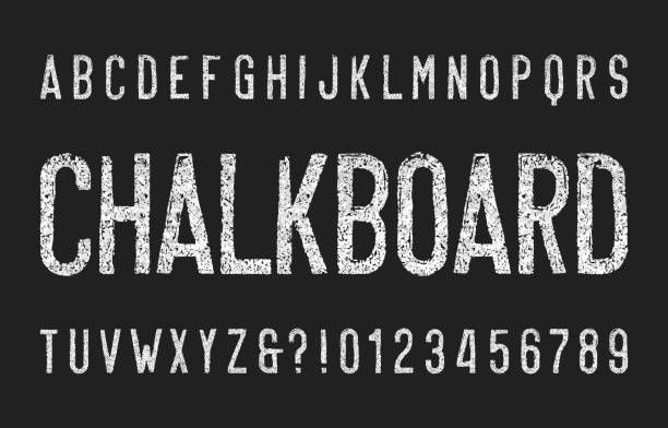 Chalk alphabet font. Narrow uppercase retro letters and numbers. Chalk alphabet font. Narrow uppercase retro letters and numbers. Stock vector typeface. blackboard texture stock illustrations