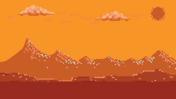 Pixel art seamless background with mountains. Backgrounds, Pixelated, Bit - Binary, Video Game, Mountain bit binary stock illustrations