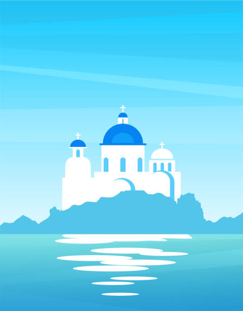 Vector nature landscape of Greek with view on the coast. Church with blue domes on a sunny day Landscape of Greek Nature with view on the coast. Church with blue domes on a sunny day, vector nautical illustration for travel companies. santorini stock illustrations