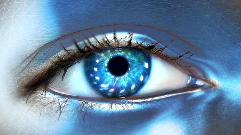 Extreme closeup on blue eye of android. Entering artificial intelligence