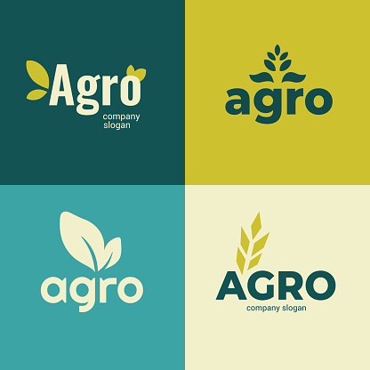 Set of signs for Agriculture company,farming icons with slogan. Vector illustrations with Agro and leaves. Identity for Agricultural business. Design elements for banners, branding, advert, emblem, label