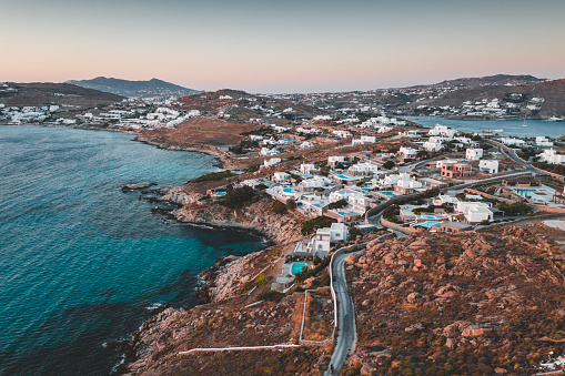 Aerial view of Mykonos island early morning.