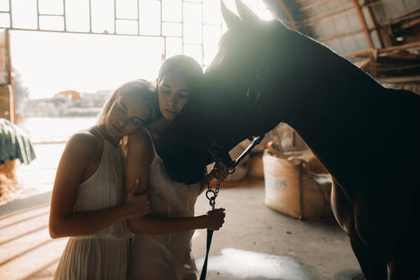 istock Two women stand next to a horse. 1167958199