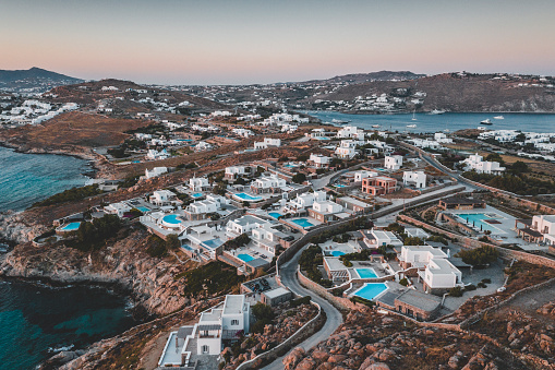 Aerial view of Mykonos island early morning.