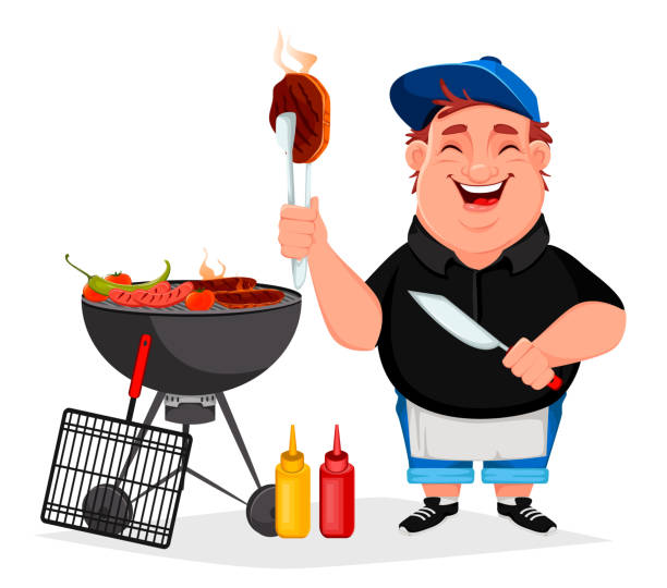 bbq. junge fröhliche mann kocht gegrilltes essen - sausage grilled isolated single object stock-grafiken, -clipart, -cartoons und -symbole