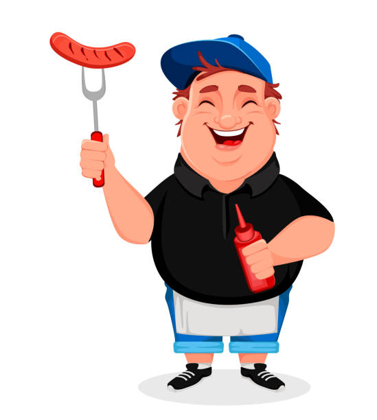 bbq. junger fröhlicher mann kocht gegrillte würstchen - sausage grilled isolated single object stock-grafiken, -clipart, -cartoons und -symbole