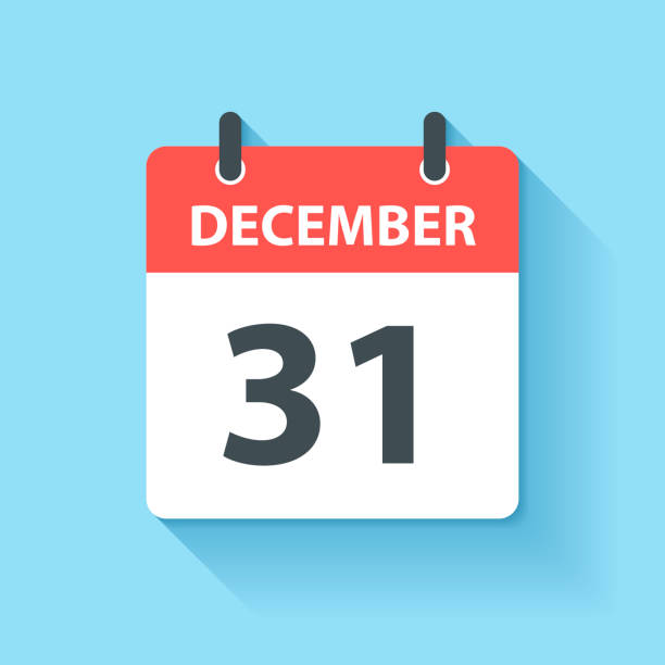 December 31 - Daily Calendar Icon in flat design style December 31. Calendar Icon with long shadow in a Flat Design style. Daily calendar isolated on blue background. Vector Illustration (EPS10, well layered and grouped). Easy to edit, manipulate, resize or colorize. december 31 stock illustrations