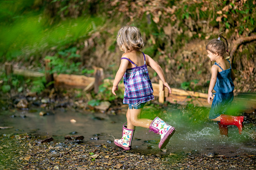 Girls running in water while playing in forest.