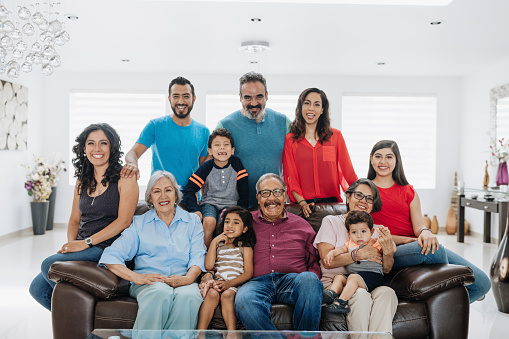 Classic portrait of three generation Latin American family