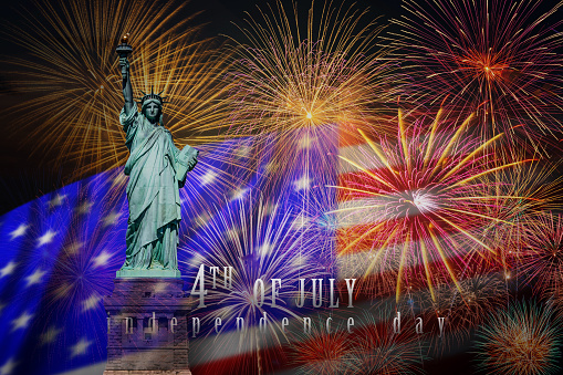 Statue of Liberty with Independence day 4th july text over the Multicolor Fireworks Celebrate with the United state of America USA flag background