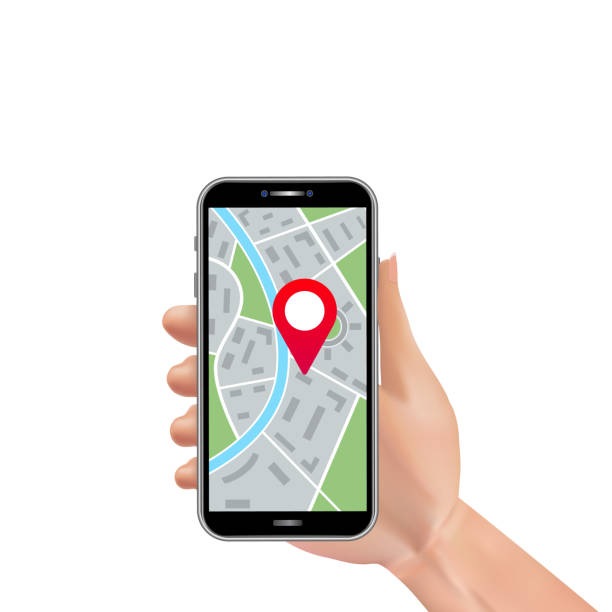 istock Realistic man hand holding smartphone with city map navigation and gps location pin marker on touchscreen isolated on white background. Vector illustration 1167975524
