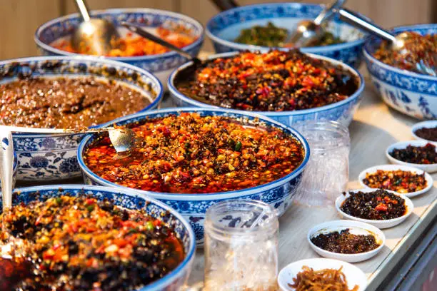 Different kinds of spicy sauces in Sichuan province of China