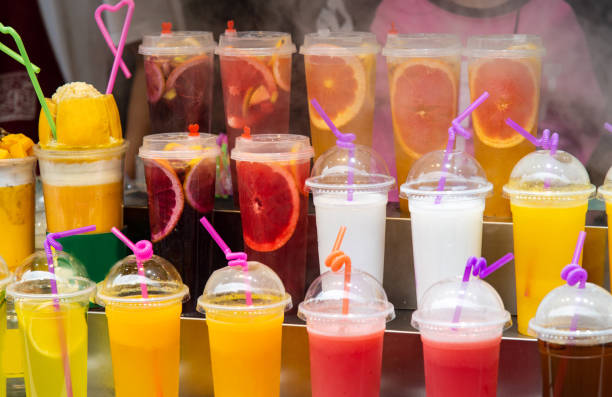 Various fruit juices on a food market