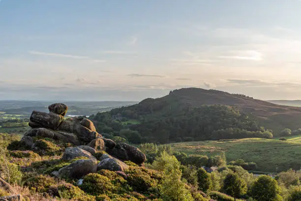 Panoramic view of Hen Cloud and The Roaches from Ramshaw Rocks in the Peak District National Park.