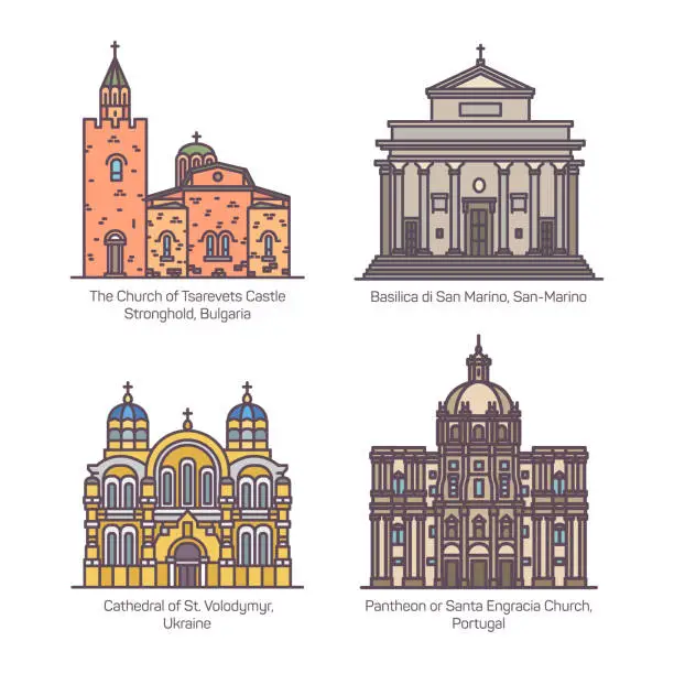 Vector illustration of Set of churches and cathedral, basilica of Europe
