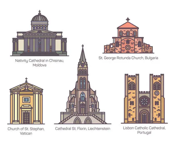 Vector illustration of Set of isolated european catholic churches in line