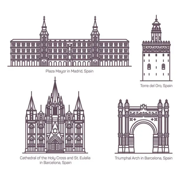 Vector illustration of Thin line style of Spain architecture landmarks