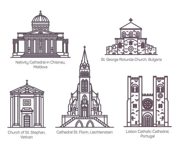 Vector illustration of European church and cathedral buildings, line set