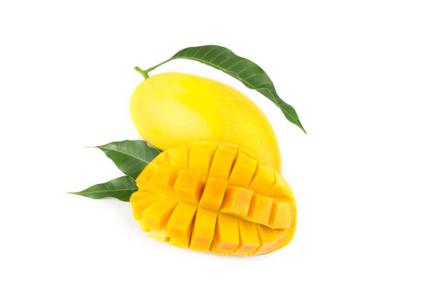 istock Mango fruit with mango cubes and slices. Isolated on a white background. 1167985504