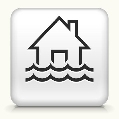 Flood Home and Waves Icon. This 100% royalty free vector illustration is featuring the square button with a drop shadow and the main icon is depicted in black. The button had a slight bevel 3D effect.