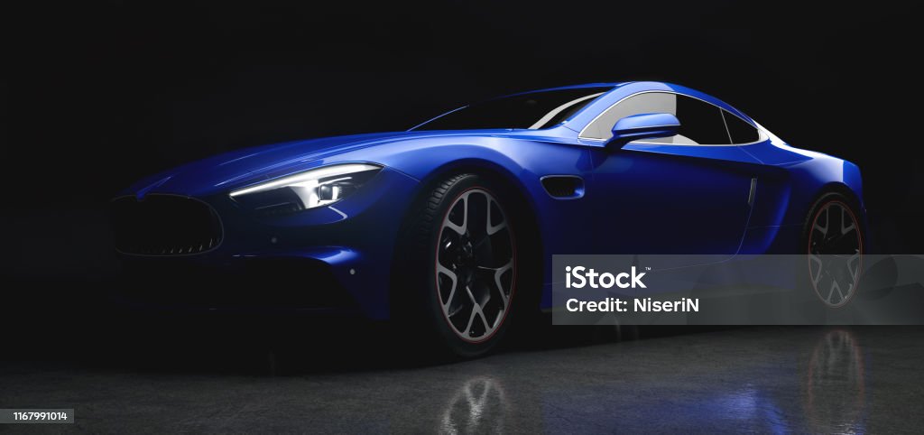 Moderner blauer Sportwagen in sanftem Licht auf schwarzem Hintergrund - Lizenzfrei Auto Stock-Foto