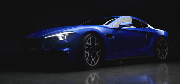 moderner blauer sportwagen in sanftem licht auf schwarzem hintergrund - geschwindigkeit fotos stock-fotos und bilder