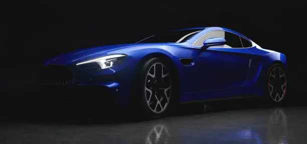 Modern blue coupe sports car in a gentle light on black background. 3D illustration