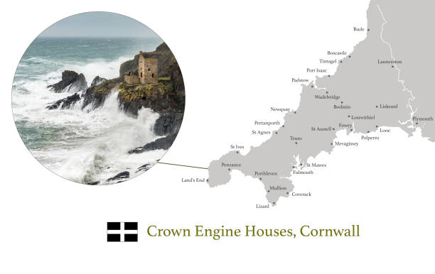 Photo of Map of Cornwall, featuring photographic image of the Crown Engine House in Botallack, and key towns in Cornwall marked on map.