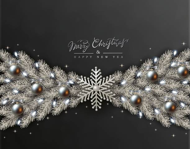 istock Black Christmas Design, Realistic Silver Balls, White snowflake, Silvery Christmas Tree 1167994285