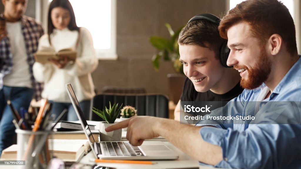 Student Pointing Screen Learning Concept Students Pointing At Laptops Screen Stock Photo ...