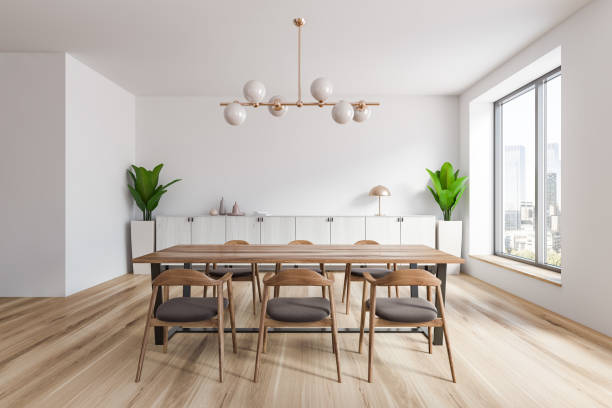 istock White dining room interior with wooden floor 1167996667