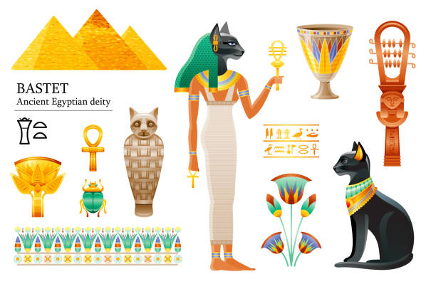 Gato egípcio. deusa bastet. gato preto com asas de escaravelho e colar de ouro. satuette do antigo egito art. desenho animado 3d ícone do design.