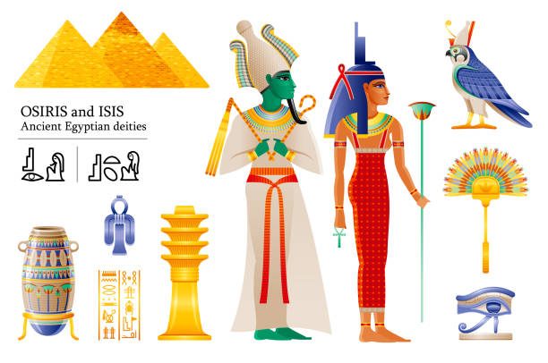 古埃及神法老奧西裡斯女神伊西斯圖示設置。風扇,花瓶,德吉柱,結,神荷魯斯獵鷹,花刀。3d 卡通向量插圖。來自埃及的古老藝術。隔離在白色回溝 - 死神 插圖 幅插畫檔、美工圖案、卡通及圖標
