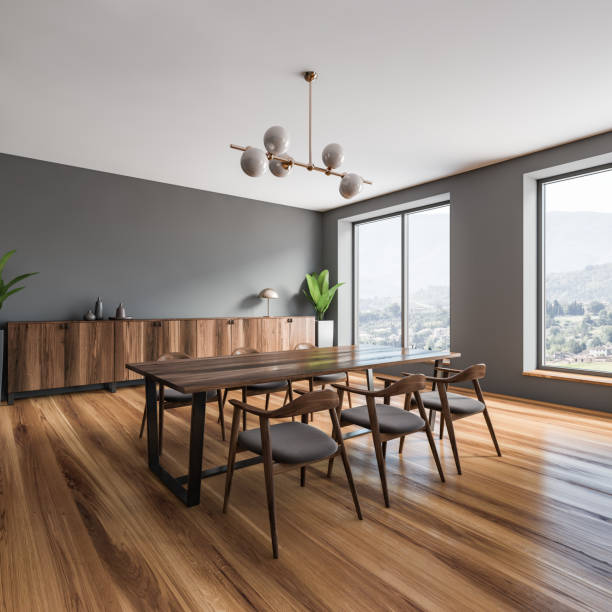 istock Gray dining room corner with wooden floor 1167998216
