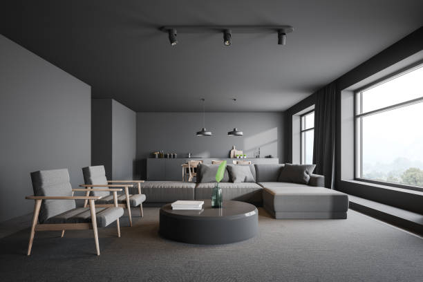 istock Gray living room and kitchen interior 1167998261