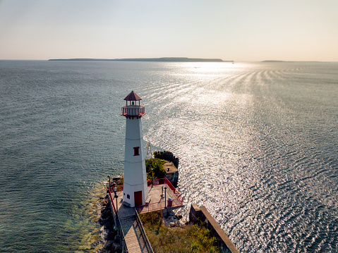 Aerial view of the lighthouse at St. Ignace overlooking Lake Huron, Michigan