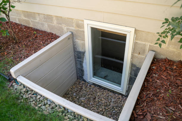 Exterior view of an egress window in a basement bedroom. These windows are required as part of the USA fire code for basement bedrooms stock photo