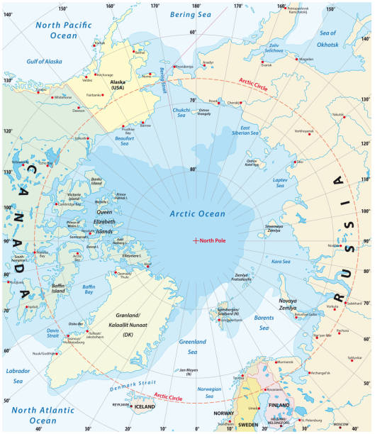 ilustraciones, imágenes clip art, dibujos animados e iconos de stock de mapa del ártico con la menor y mayor extensión de la capa de hielo 2018 - arctic