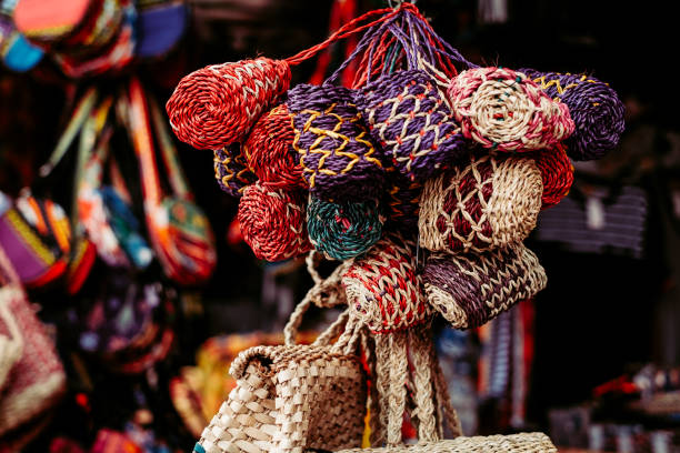 Bunch of handmade purses made from natural Abaca plant.