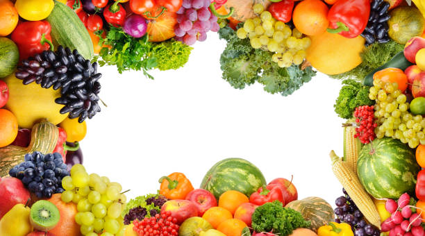 istock Frame of set vegetables and fruits on white background. 1168015852